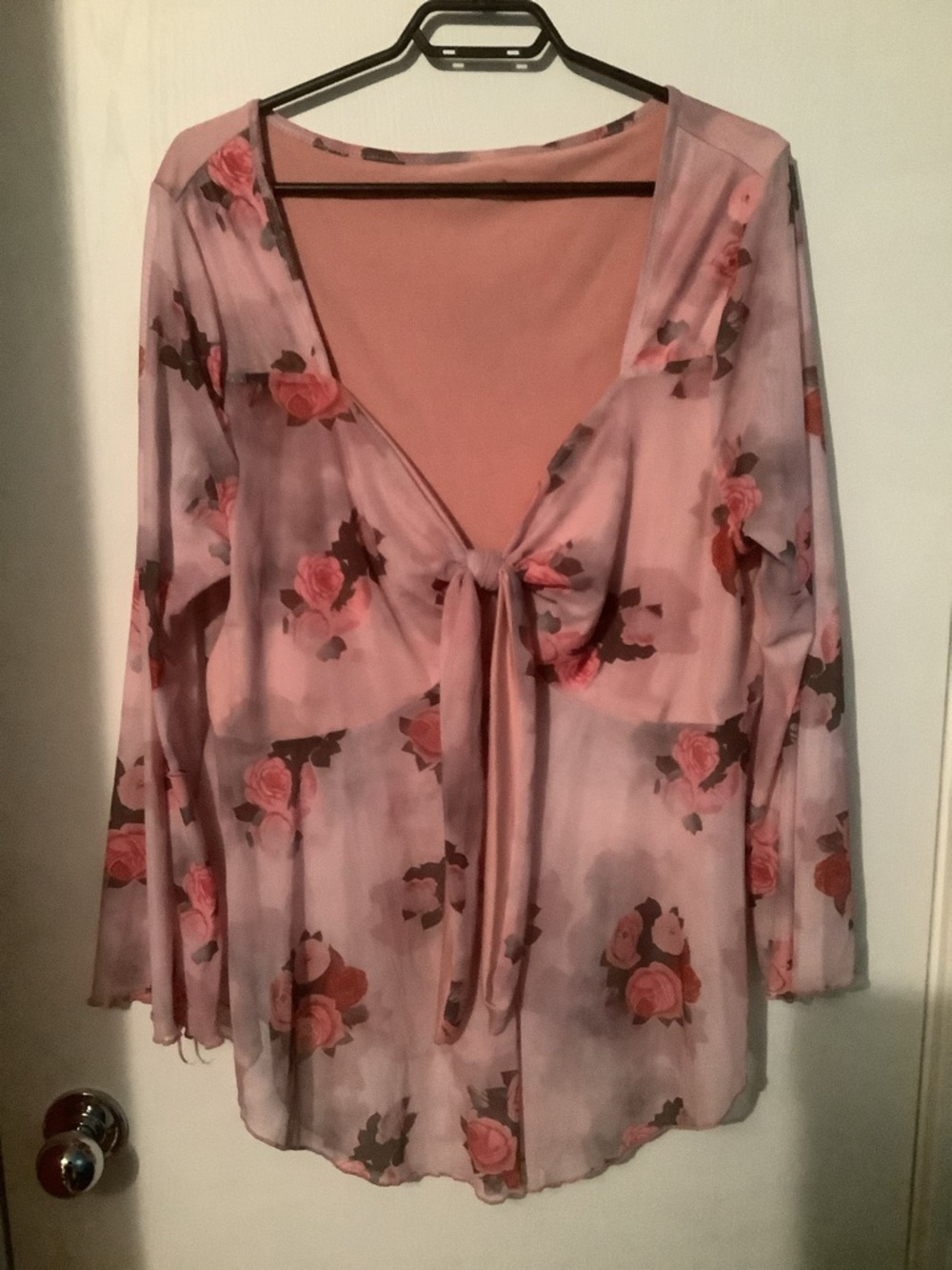 Sheer Pink Rose Tie-Front Blouse